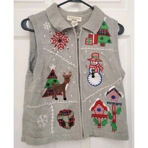 Bechamel Woman Gray Christmas Snowman Zip Front Holiday Vest Size PS